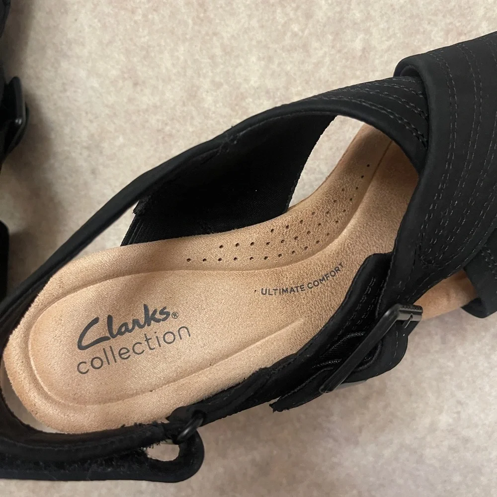 Clark’s Collection Nerisa West Black Cork Platform Heel Sandals Women’s Size 8.5